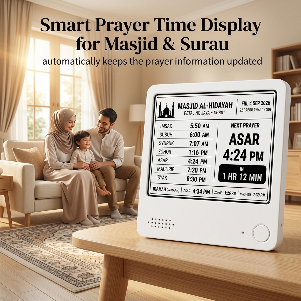 Everview Smart Waktu Solat E-Ink Display, Masjid & Surau, Malaysia Prayer Time, Iqamah Display